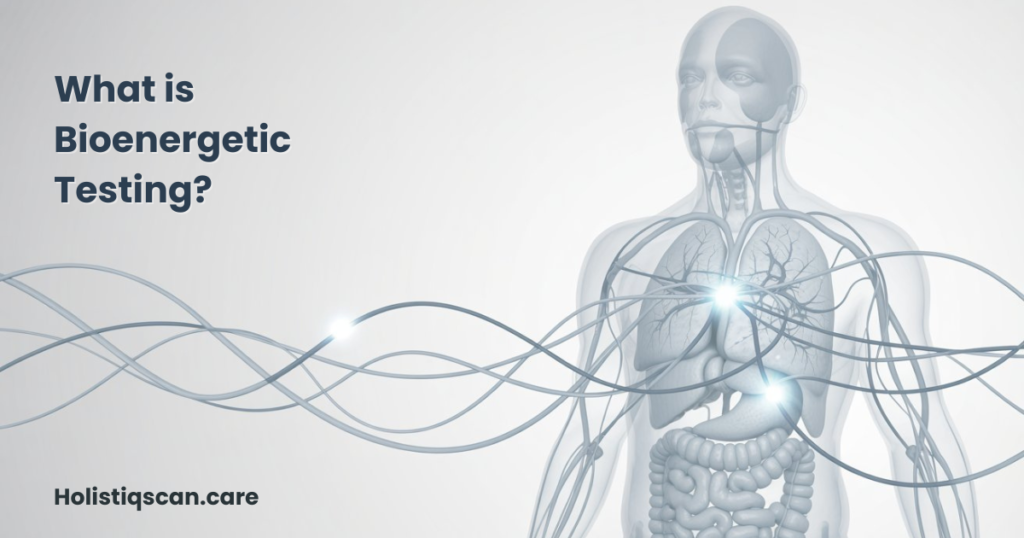 Educational illustration showing bioenergetic testing concepts through a human body diagram with internal organs and flowing signal lines representing system communication.