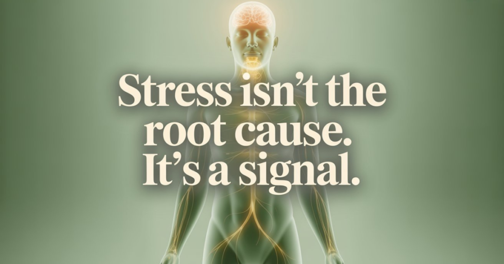 Human body illustration with glowing nervous system and energy pathways showing stress as a signal of deeper imbalance, used for bioenergetic testing education.
