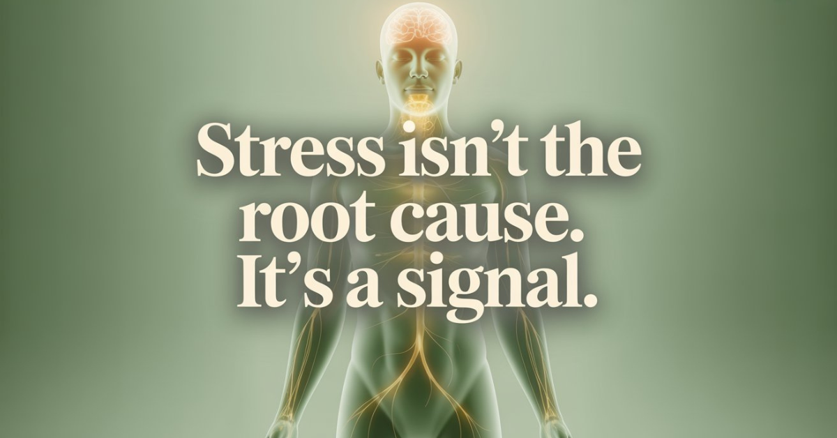 Human body illustration with glowing nervous system and energy pathways showing stress as a signal of deeper imbalance, used for bioenergetic testing education.