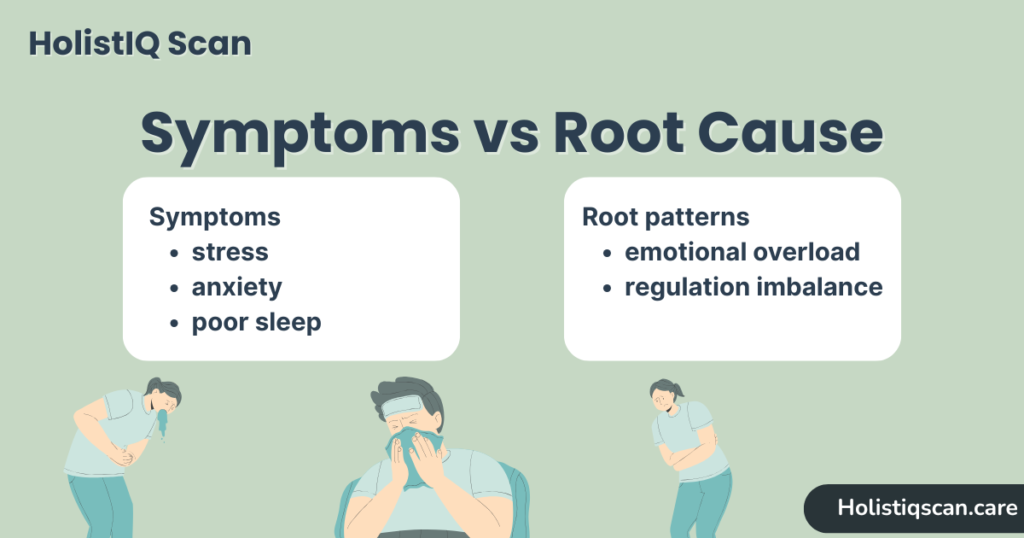 HolistIQ Scan infographic explaining symptoms vs root cause, highlighting stress, anxiety, and poor sleep as surface symptoms linked to deeper emotional overload and nervous system regulation imbalance.