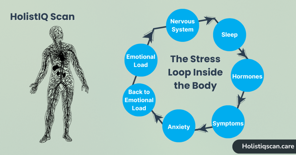 Infographic illustrating the stress loop inside the body, showing how emotional load affects the nervous system, sleep, hormones, anxiety, and physical symptoms, used in bioenergetic testing by HolistIQ Scan.