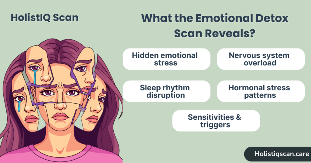 Infographic explaining what an Emotional Detox Bioenergetic Scan reveals, including hidden emotional stress, nervous system overload, sleep rhythm disruption, hormonal stress patterns, and sensitivities, by HolistIQ Scan.