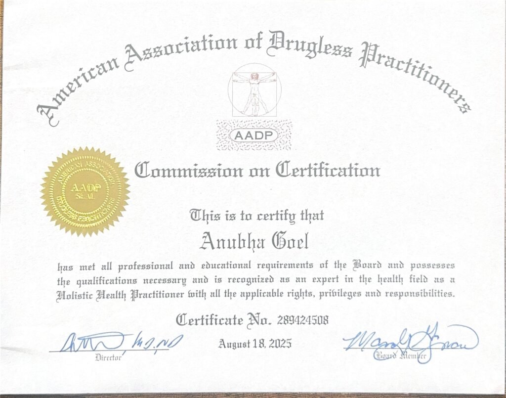 Dr Anubha Goel's American Association of Drugless Practitioners Certificate