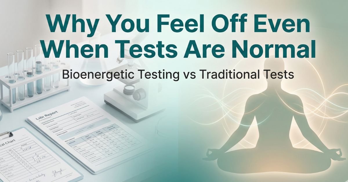 Bioenergetic testing vs traditional medical tests comparison showing lab testing and holistic energy-based system analysis for understanding why symptoms occur despite normal lab results.