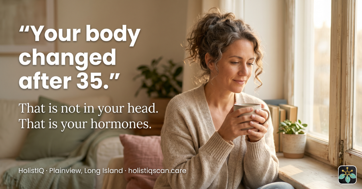 Woman sitting by a window holding tea, representing fatigue and hormonal changes related to female hormones after 35